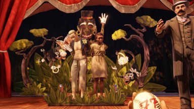 In this scene, the player witnesses the public shaming and abuse toward an interracial couple, complete with simian-based racist imagery.